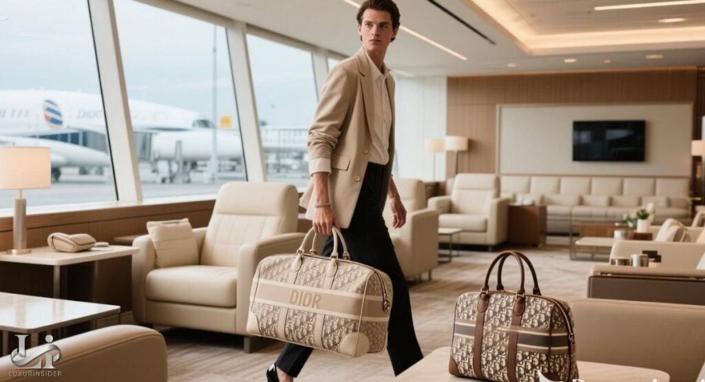 A stylish man in a beige jacket and black trousers is walking through a luxurious airport lounge, holding a Dior Oblique canvas duffel bag, with an airplane visible outside the large window.