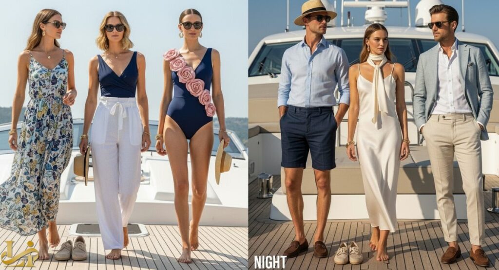 A split image showing two groups of models on a yacht deck, illustrating fashion for two different occasions: the left image shows women in a flowery maxi dress, white linen pants, and a navy swimsuit for a day party, and the right image shows a couple in a light blue shirt/navy shorts and a white slip dress/light suit for a night boat party.