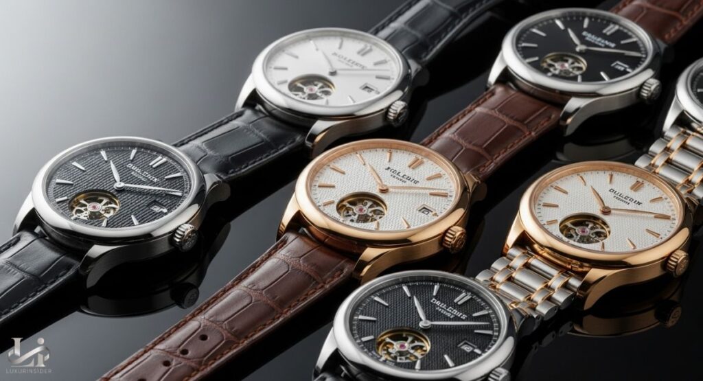A close-up, eye-level shot shows six luxury watches from the brand Guilfred. The watches are arranged in two rows of three on a black, reflective surface. The top row features watches with black leather straps, and the bottom row has a brown leather strap and two metal bracelets. Each watch has a detailed dial and an open-heart design that reveals the mechanical movement, including a visible balance wheel. The watches have silver, gold, and rose gold cases. The logo of Luxurinsider is visible in the bottom left corner.
