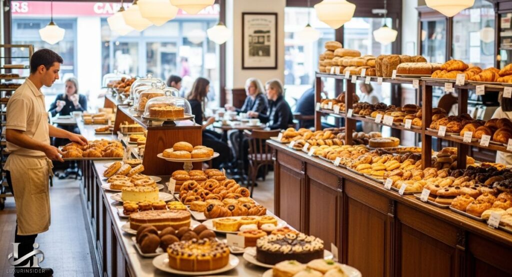 A view inside a bustling bakery with a historic, rustic feel. The foreground features an extensive counter filled with a wide variety of baked goods, including bread, pastries, and cakes. A staff member is seen carrying a tray of baked goods, and in the background, customers are seated at tables near large windows.