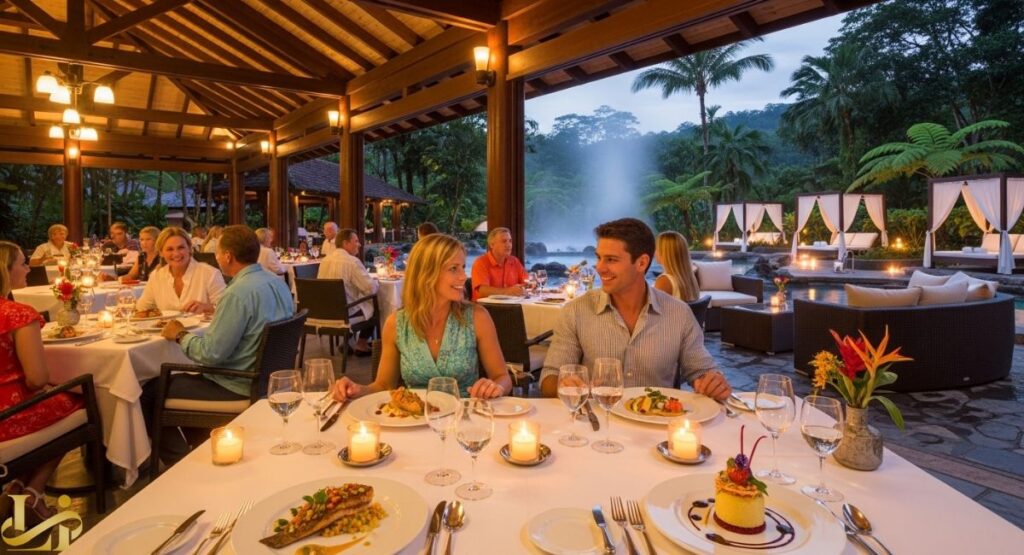 A couple is dining at a beautifully lit open-air restaurant at the Tabacon Resort, with tables set with white linens and candles, and a tropical waterfall feature visible in the background.