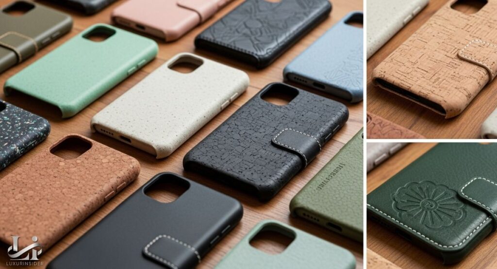 A collection of different phone cases, focusing on eco-friendly and stylish designs. The cases feature materials and textures like speckled plastic, cork, and patterned or solid colors in muted shades of green, beige, pink, and black.