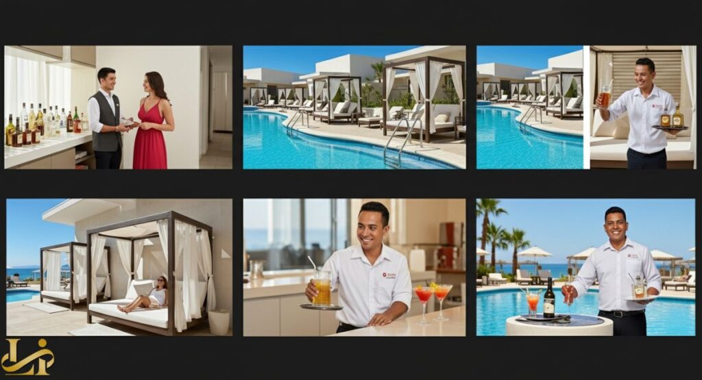 A six-panel collage showing the elite status members' perks at a resort, including a couple being served drinks by a butler, private poolside cabanas, and smiling staff serving cocktails and liquor bottles by the pool and at a bar.