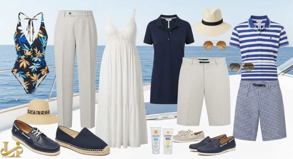 A collage of essential clothing and accessory items for a yacht day trip, including a swimsuit, wide-legged linen pants, a white maxi dress, a navy polo dress, linen shorts, boat shoes, espadrilles, a straw hat, sunglasses, and sunscreen.