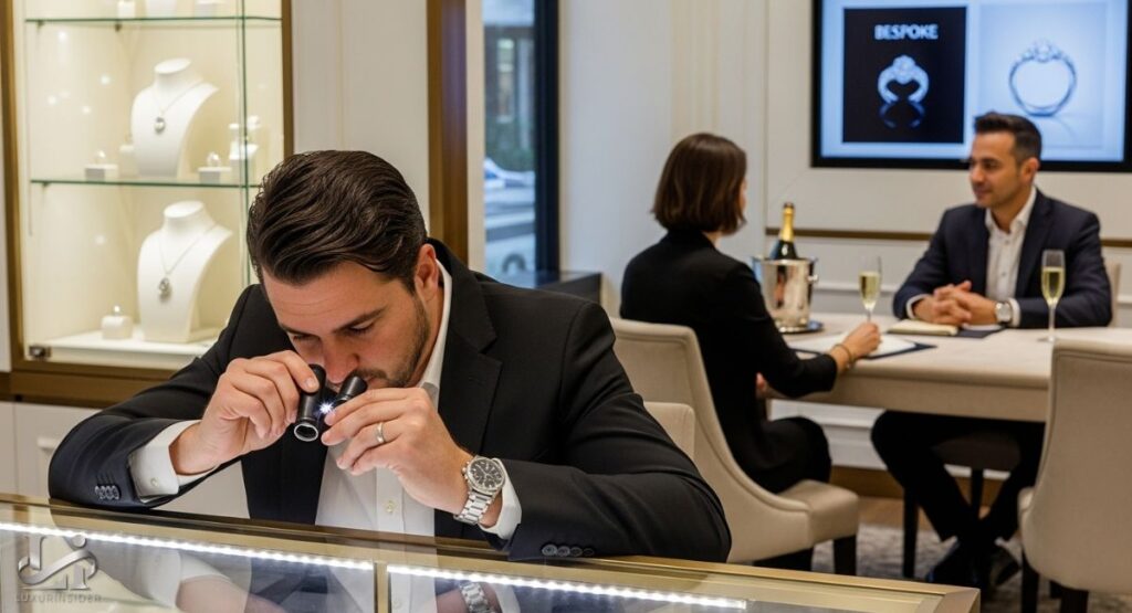 Beverly Hills Jewelers : A jewelry professional in a suit and a white shirt is examining a piece of jewelry with a loupe, leaning over a glass display case. In the background, a couple is seated at a table with champagne glasses, and a screen displays images of a ring design.