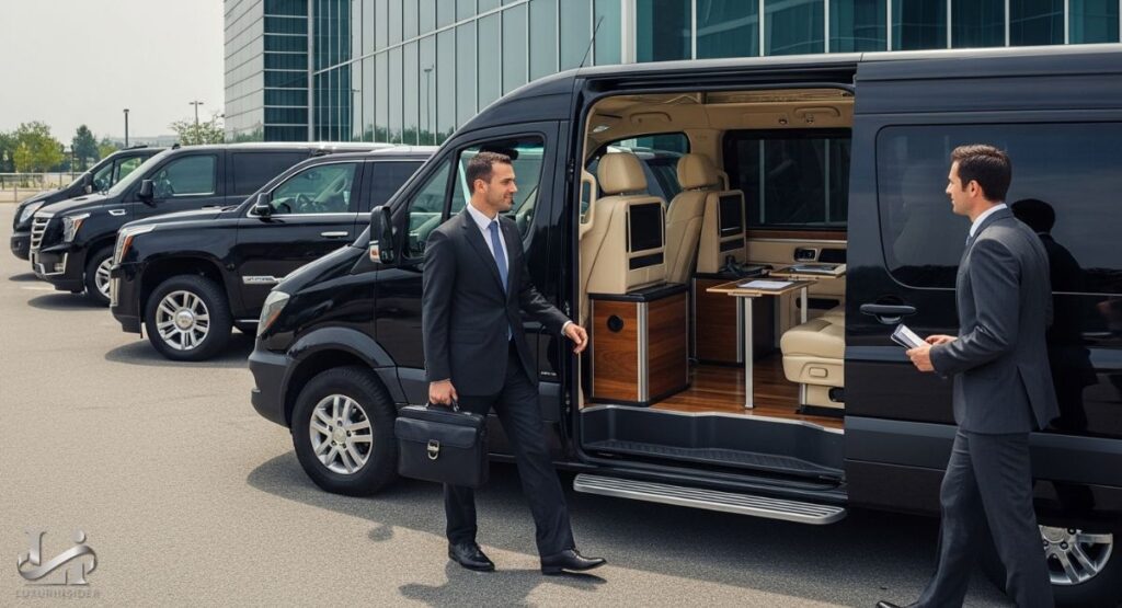 An executive in a business suit steps out of a black luxury van, holding a briefcase. The van's side door is open, revealing a spacious and well-appointed interior with tan leather captain's chairs and a table.