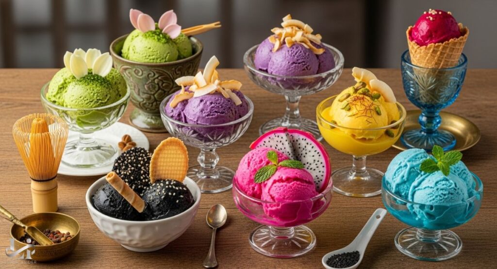 A collection of nine different bowls and cones of exotic and colorful ice cream or gelato. The flavors include black sesame, a bright fuchsia-pink, yellow, and a teal-blue, each with unique toppings and presented on a wooden table.