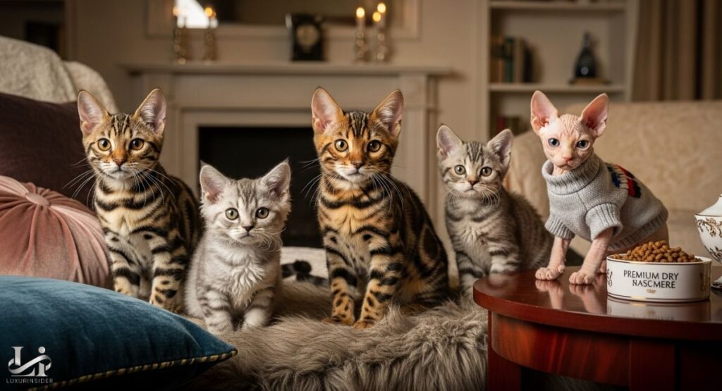 A high-angle, wide shot of a group of five exotic cats and kittens arranged on a fluffy surface on a coffee table. The group includes two adult-sized cats with spotted coats, one smaller spotted kitten, a gray tabby kitten, and a hairless Sphynx kitten on the far right wearing a gray sweater. A pet food bowl is next to the Sphynx. The background shows a cozy living room with a fireplace, couch, and books, suggesting a luxurious setting.