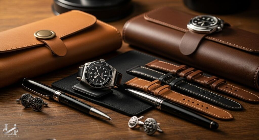 A flat lay photograph of luxury men's accessories on a wooden surface. The arrangement includes a Tudor Black Bay watch with a black strap, several additional leather watch straps in various shades of brown and black, two pens, and a pair of cufflinks. Two leather watch rolls are in the blurred background.