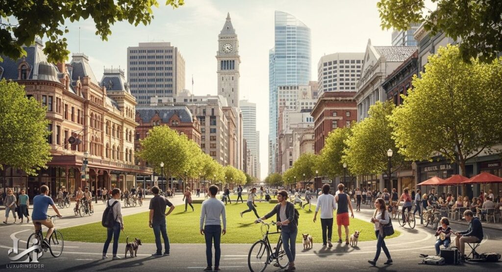 A busy, wide street in a bustling city. The street is lined with historic brick buildings and modern glass skyscrapers. A large green park, with a paved path running through the center, separates the two sides of the street.