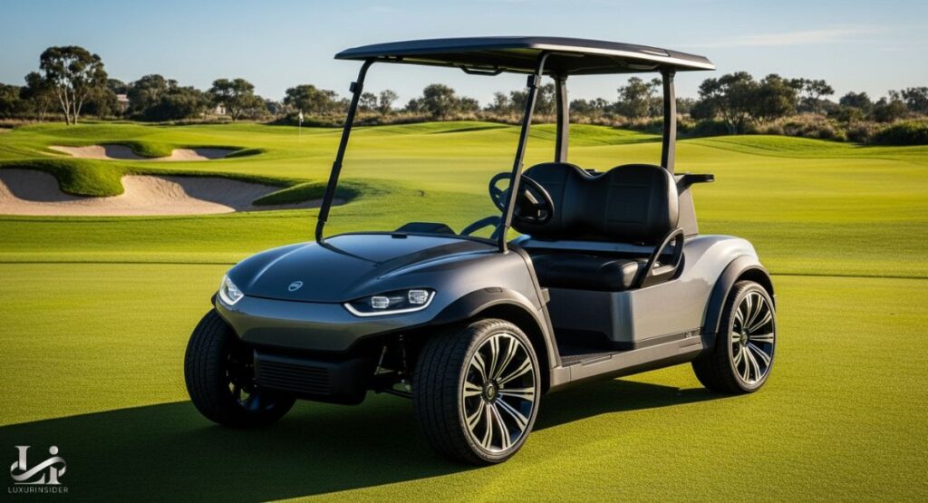 An eye-level, front-three-quarter view of a two-seater electric golf cart. The golf cart has a sleek, modern design with a dark gray metallic finish, black accents, and silver badging. The front of the cart features a streamlined body with a prominent grille and stylized headlights. The wheels have a futuristic, multi-spoke design. The cart is parked on a lush green golf course with sand traps and trees in the background under a clear sky. The Luxuri Insider logo is visible in the bottom left corner.