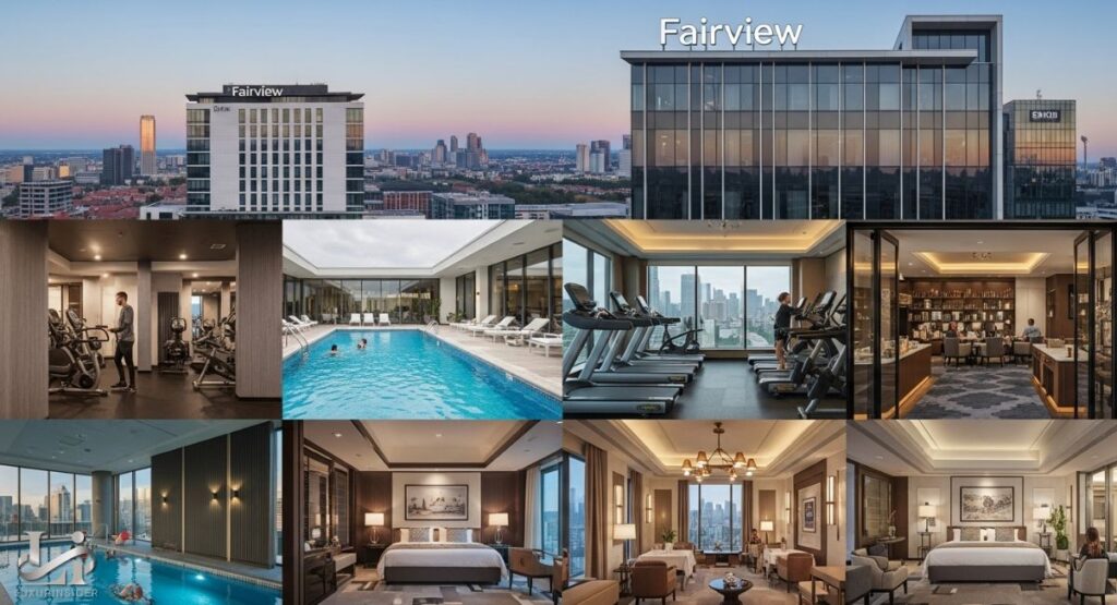 Fairview Hotels - A photo collage with multiple panels showcasing the amenities of hotels in Fairview. The images include exterior shots of two modern hotels, several interior shots of a gym and a luxurious bedroom, and two different views of an indoor and outdoor swimming pool.