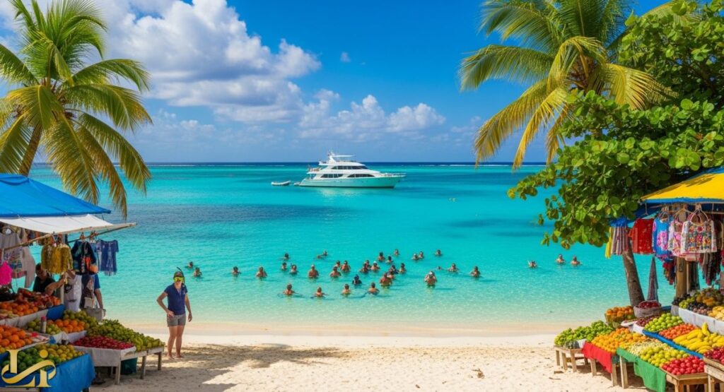 A vibrant beach scene with crystal-clear turquoise water. A white yacht is anchored offshore, and a large group of people are swimming. In the foreground, there are two colorful market stalls piled high with fresh fruits, and a woman stands on the white sand.