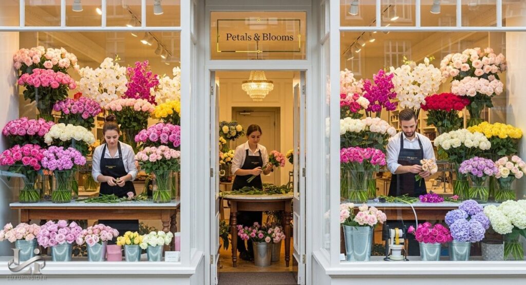 Luxury Flowers - A bright, high-end flower shop named "Petals & Blooms" with three florists arranging large, vibrant bouquets of roses, hydrangeas, and other flowers. The shop window is filled with an abundant display of pink, white, yellow, and purple flowers, creating a luxurious and colorful scene.