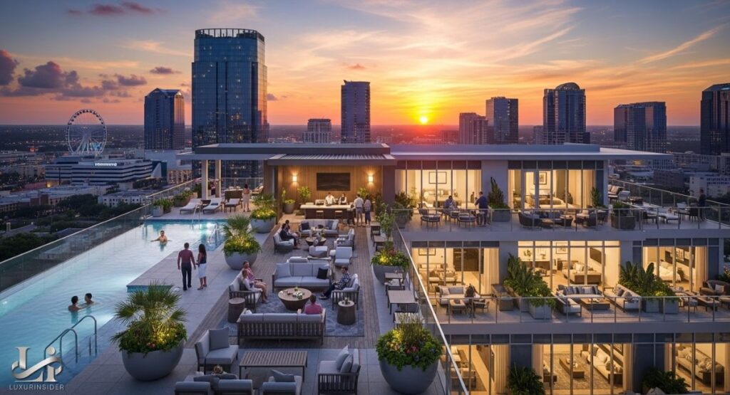 A stunning aerial shot of a rooftop patio and infinity pool on a high-rise luxury apartment building at sunset. The patio is furnished with modern seating areas and features a glass-enclosed lounge. A few people are relaxing by the pool or socializing on the patio. The Orlando skyline is visible in the background, with the setting sun illuminating the cityscape.