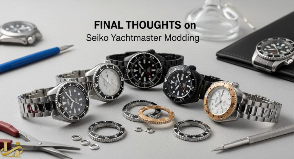 Five custom-built Seiko watches with black or white dials and various Yacht-Master style bezels (stainless steel, two-tone, and gold) displayed on a gray surface, surrounded by loose bezel rings, screws, and watchmaking tools. The title FINAL THOUGHTS on Seiko Yachtmaster Modding is centered at the top.