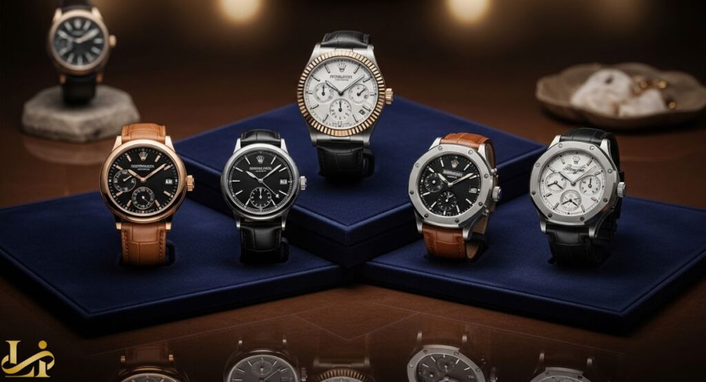Five luxury men's watches on a dark blue velvet surface, with two standing on elevated blocks. The watches feature various complications, metal colors (rose gold, silver, two-tone), and leather straps, with a blurred background of a luxury setting.