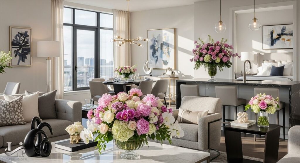 An elegant, modern apartment living space filled with large, luxurious bouquets of flowers. The room features a neutral color palette with grey sofas, a marble coffee table, and large windows offering a city view. Multiple floral arrangements, including a large centerpiece of pink and white peonies and orchids, are placed on various surfaces, adding vibrant pops of color and a touch of nature to the sophisticated interior.