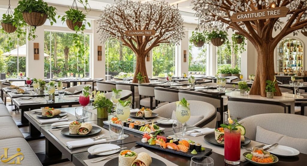 An elegantly set spa restaurant featuring long tables with gourmet food like sushi and wraps, surrounded by white-cushioned chairs, large windows, and decorative trees labeled 'CLEANSING TREE' and 'GRATITUDE TREE.'