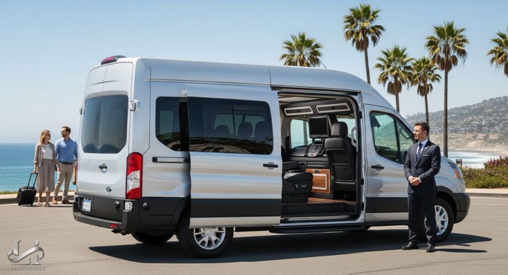 An interior shot of a Ford Transit luxury van, showcasing its high-end amenities. The van features multiple rows of plush, diamond-patterned seating, mood lighting, and entertainment screens. The spacious cabin is designed for comfort and elegance, highlighting its appeal for luxury rentals.