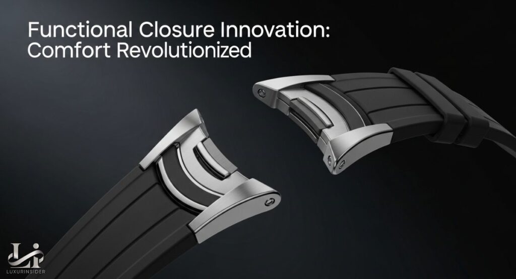 A close-up studio shot of a modern, innovative watch clasp and strap. The black, textured strap is made of a rubber or elastomer material, and it connects to a sleek, brushed metallic clasp with a unique hinge mechanism.