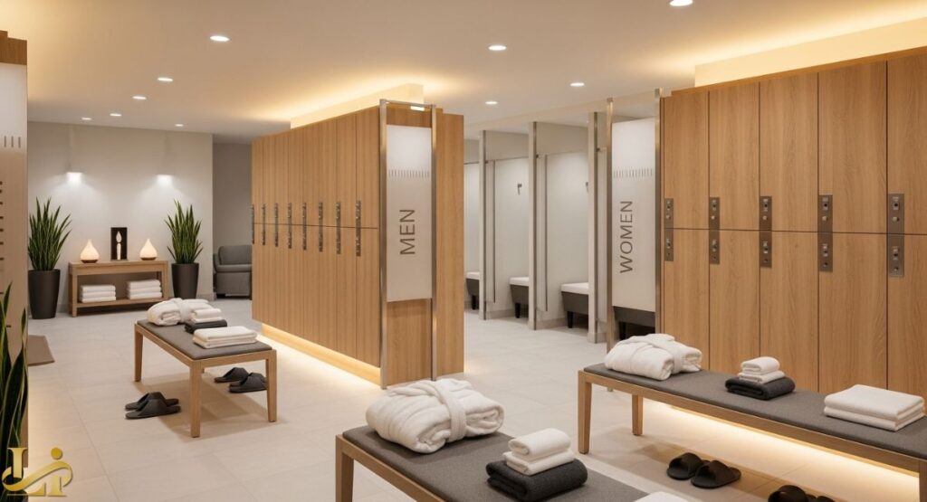 A bright, modern spa locker room featuring light wood lockers, "MEN" and "WOMEN" signs dividing the sections, with benches holding folded white robes, towels, and slippers.