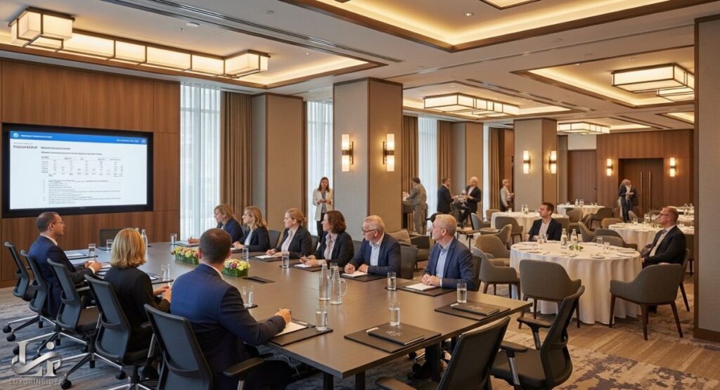 A group of business professionals are seated around a large conference table in a meeting room, looking at a presentation on a screen. Other people are visible mingling in the background at smaller, round tables, suggesting an event or banquet.