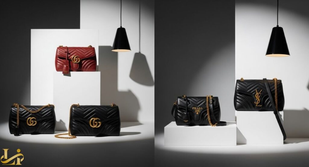 A studio still life featuring five luxury handbags: two black quilted Gucci Marmont bags and one red one with double G logos, a black quilted Prada shoulder bag, and a black quilted Saint Laurent envelope bag with a YSL logo, all arranged on white pedestals and spotlit by hanging lamps.