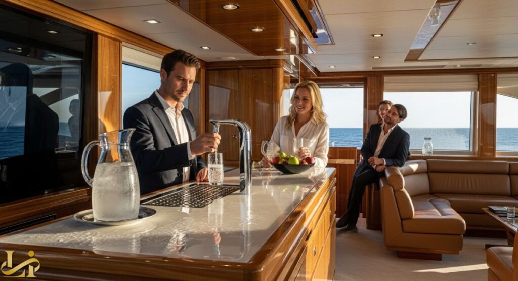 A man in a suit is pouring himself a glass of water from a modern, tall faucet on a yacht's wooden bar, while a woman smiles at him and two other guests relax on a tan leather sofa nearby, highlighting the luxury and convenience of an onboard water system.