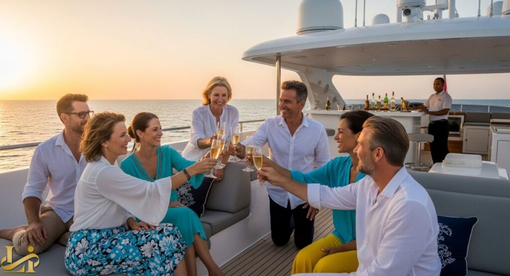 A group of six well-dressed adults—three men and three women—are sitting on a luxurious yacht deck at sunset, raising champagne flutes in a toast, with a bartender visible in the background.