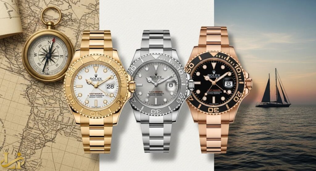 Three Rolex Yacht-Master watches, one in yellow gold, one in stainless steel, and one in Everose gold with a black bezel, are displayed in a row on a white and map background with a compass and a sailboat on the ocean.