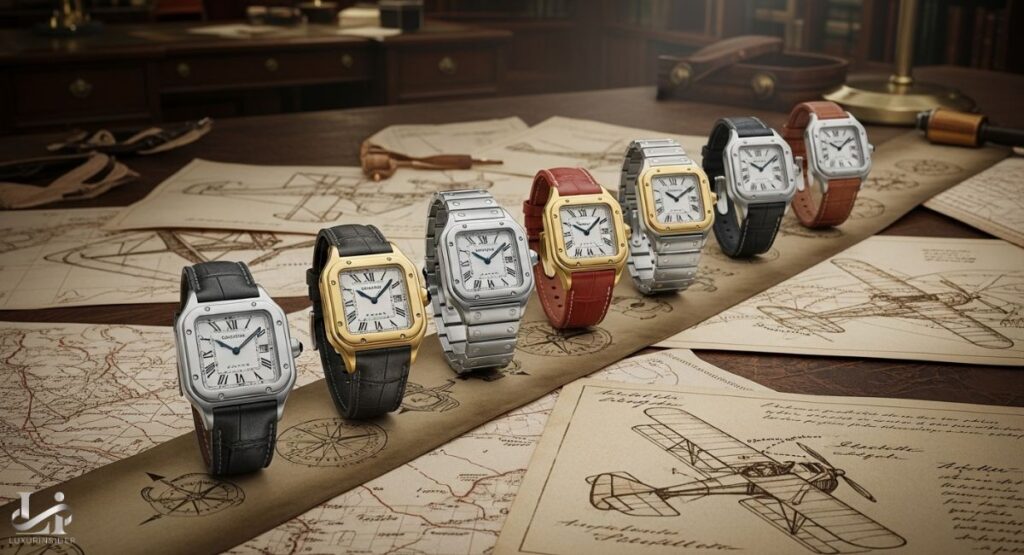 A professional photograph showcasing a collection of Cartier Santos watches on a wooden desk. The watches, featuring various models with steel and gold cases and different straps, are arranged on top of vintage-style blueprints of an aircraft, with old writing tools and a magnifying glass nearby.