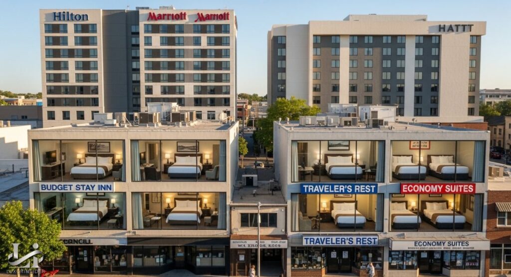 Fairview Hotels - A side-by-side view of a hotel building complex with large glass windows. The bottom floors are divided into sections, with signs for "Budget Stay Inn," "Traveler's Rest," and "Economy Suites," while the taller buildings behind them are labeled "Hilton," "Marriott," and "HATT." The windows of the bottom sections are large, showcasing hotel rooms with beds, lamps, and chairs.