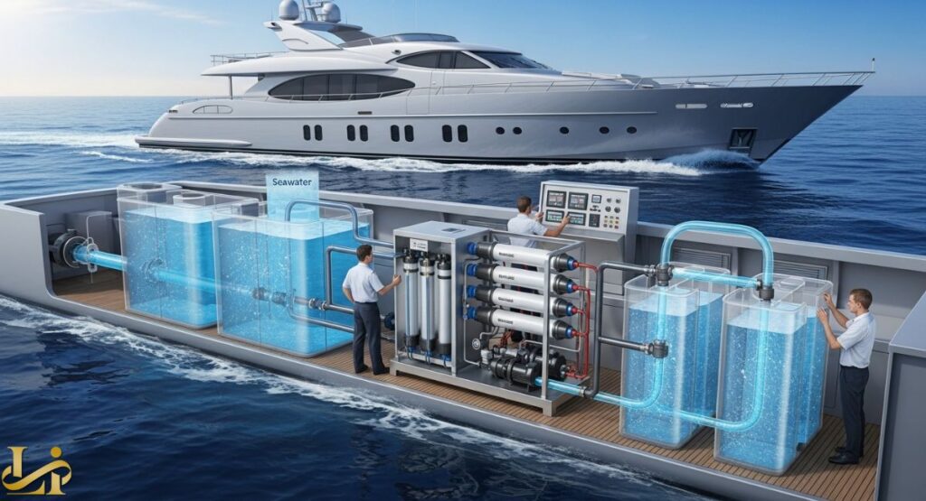 A cutaway, animated diagram of a large yacht on the ocean, illustrating a complex Reverse Osmosis (RO) water system. Seawater is shown being pumped into large tanks and then processed through multiple filters and a central RO system by two engineers, ultimately resulting in purified freshwater being collected in output tanks.