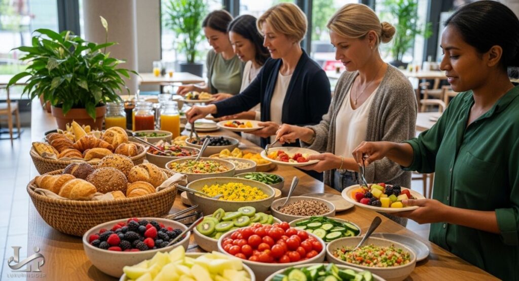 A bright, modern buffet table features a long display of healthy and fresh food options. People are seen serving themselves from a variety of colorful dishes, including large bowls of fresh fruit, assorted leafy salads, roasted vegetables, and quinoa. The focus is on nutritious, wholesome ingredients, suggesting a move towards healthier eating at hotel buffets.