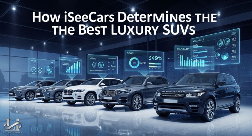A composite image showing a lineup of several luxury SUVs, including a Lexus, a BMW, a Range Rover, and others, with digital overlays and graphs above each vehicle. The overlays display various metrics and data points for 'Reliability', 'Value', and 'Performance', suggesting a detailed analysis of each car.