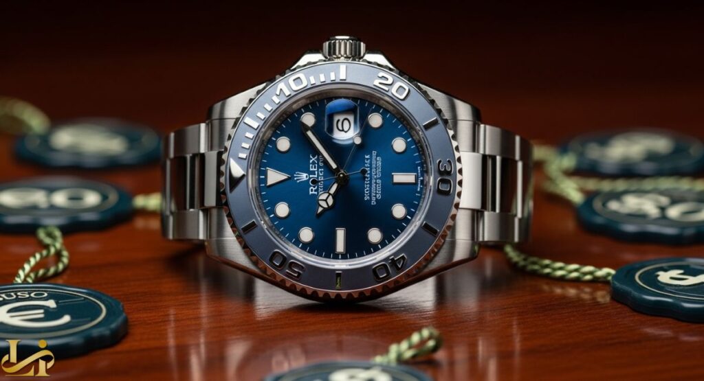 A close-up, centered shot of a stainless steel Rolex Yacht-Master 40 with a vibrant blue sunburst dial and a blue ceramic bezel, surrounded by several blue wax seals with Euro currency symbols.