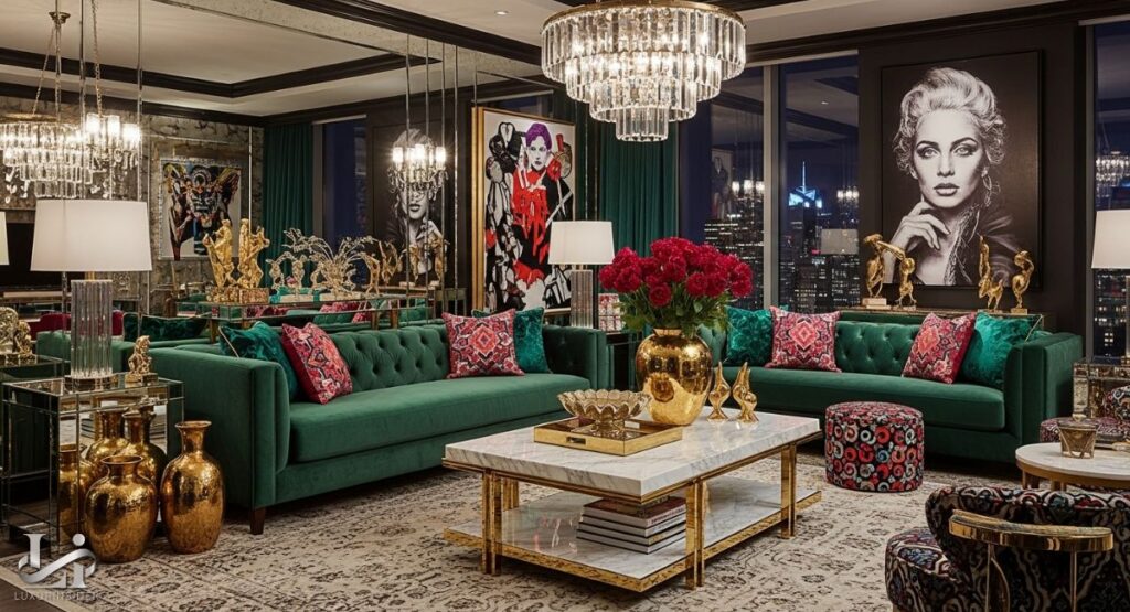The interior of a modern, "loud luxury" living room. Two green velvet tufted sofas are arranged around a white marble and gold coffee table. The room is filled with opulent and striking decor, including a large crystal chandelier, a mirrored wall, and bold, oversized pop art portraits on the walls.