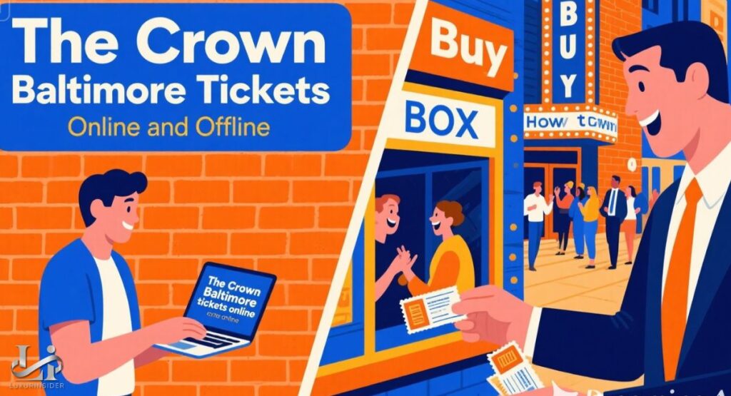 A split-screen illustration providing a guide on purchasing The Crown Baltimore tickets. The left side shows a smiling person using a laptop to buy tickets online, representing the digital purchasing method.