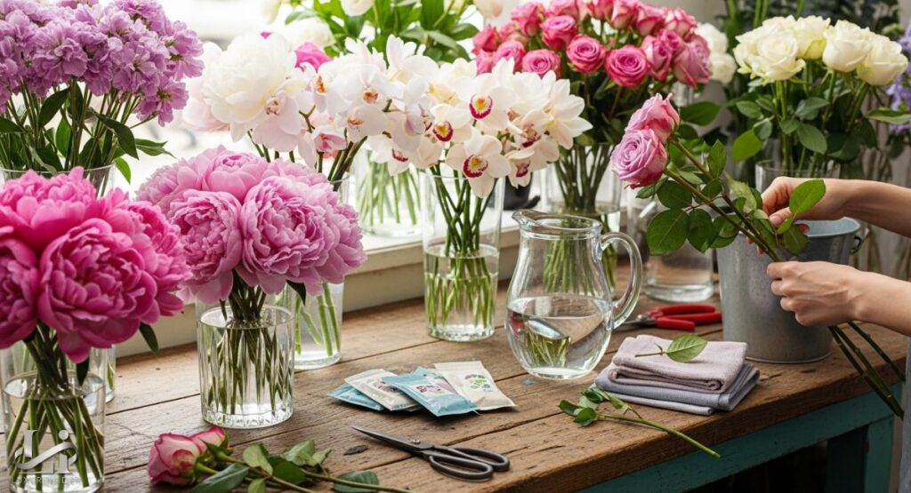 A close-up shot of a rustic wooden workbench in a flower shop, demonstrating how to care for luxury flowers. The table is filled with vases holding various fresh flowers like vibrant pink peonies, white orchids, and pink and white roses. A person's hands are visible, trimming the stems of a rose. Nearby are gardening shears, flower food packets, a glass pitcher of water, and clean towels, illustrating the process of flower care.