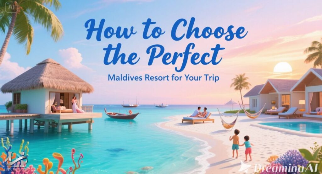 A composite image providing a visual guide on how to choose a Maldives resort. The image is divided into sections illustrating key decision factors: a map of the Maldivian atolls showing transfer options (speedboat vs. seaplane); a side-by-side comparison of a beachfront villa and a romantic overwater villa with a private pool; and a shot of a family enjoying water sports, contrasted with a couple having a private dinner on the beach.