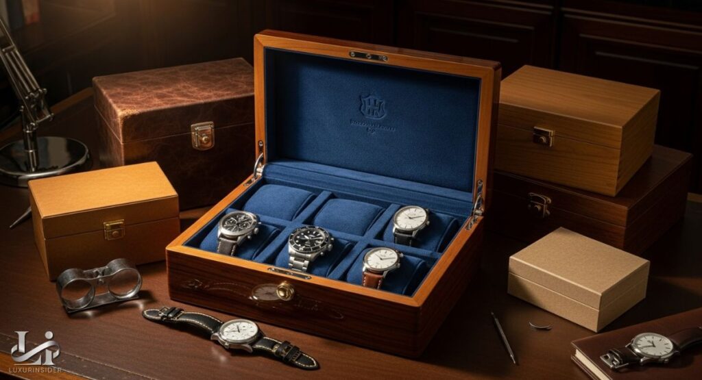 An elegant, dark wood desk with several luxury watch boxes. In the foreground, an open, high-end watch box with a dark blue velvet interior holds five luxury watches. The box is made of glossy wood with brass accents. Other closed watch boxes, a watch winder, and a loose watch are also visible on the desk, highlighting a collector's organized and curated space.