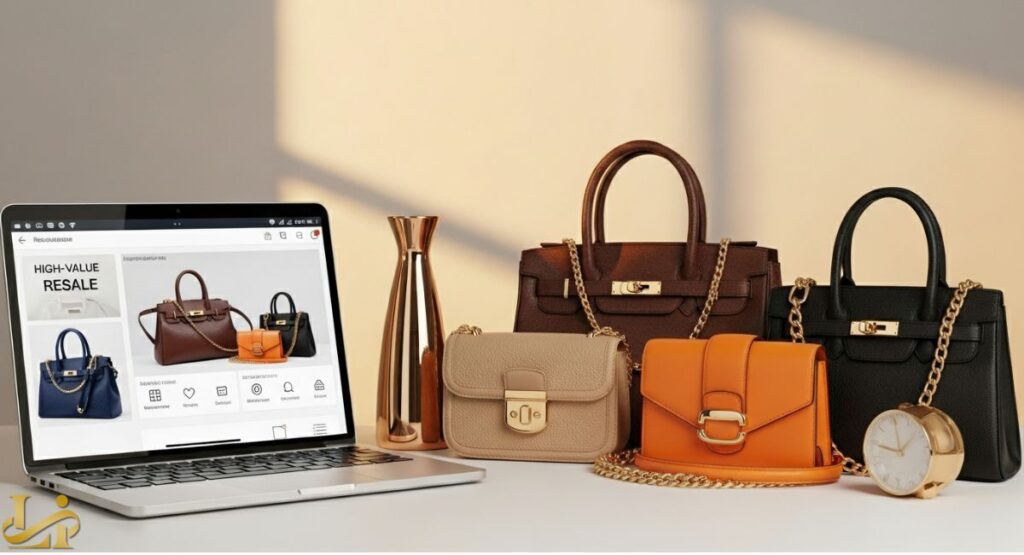 A display of several luxury handbags in shades of brown, beige, black, and orange, positioned next to a laptop showing a "HIGH-VALUE RESALE" page, a gold vase, and a vintage-style clock, suggesting a guide to selling luxury bags online.