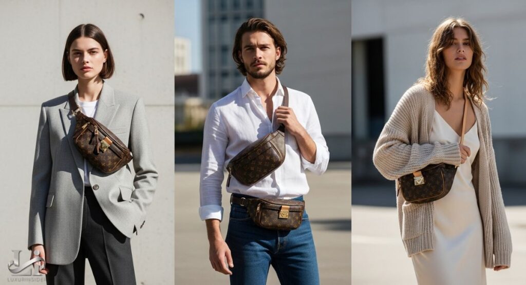 A visual guide demonstrating the different ways to style and wear the classic Louis Vuitton Monogram Bumbag, such as across the body, over the shoulder, or around the waist.