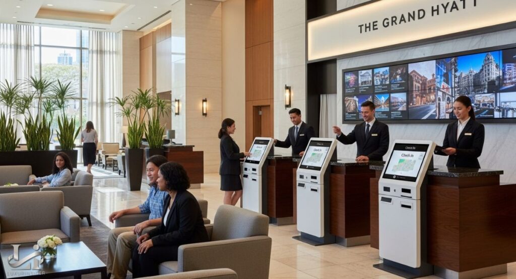 A view of a modern hotel lobby, with multiple guests and staff members. The foreground shows guests seated in comfortable chairs, while the background shows people using check-in kiosks and interacting with staff at a desk. The hotel's name, "THE GRAND HYATT," is visible on a large sign above the front desk.
