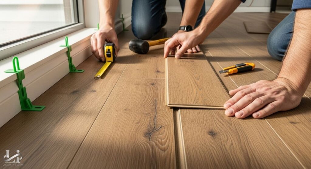 One person uses a tape measure while the other lays a new plank, using tools such as a rubber mallet, a utility knife, and green spacers visible on the floor. The scene suggests a DIY installation project near a window.