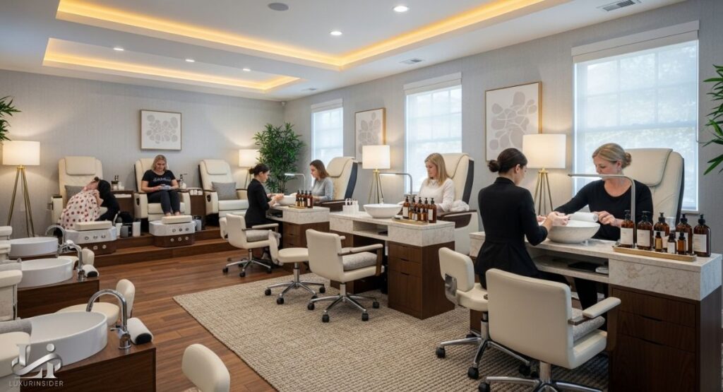 A spacious, bright, and luxurious nail salon. The salon has a modern, minimalist design with wooden floors, neutral-colored walls, and large windows. Several clients are getting their nails done in plush seating while technicians are attending to them.