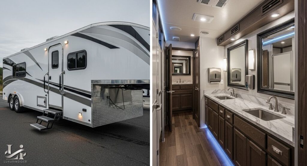 A split image showing the exterior and interior of a luxury restroom trailers. The left side displays the sleek, modern white and gray striped exterior of the mobile unit. The right side shows the luxurious interior, complete with marble-patterned countertops, dark wood vanities, modern sinks, and large framed mirrors, highlighting its key features and elegant design.