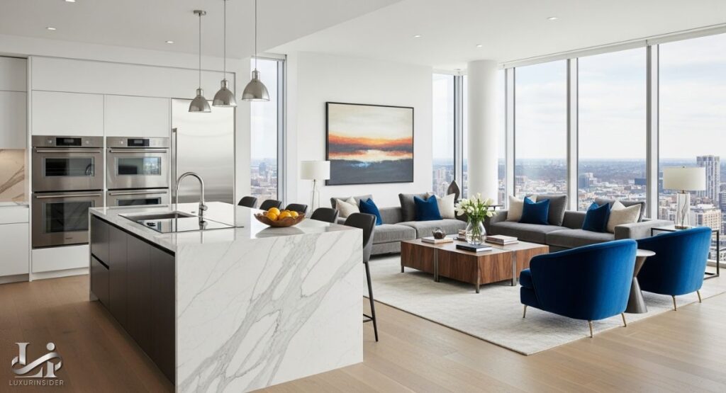 A wide interior shot of a modern, open-plan luxury apartment with a contemporary kitchen and living area. The kitchen features white countertops with gray veining and stainless steel appliances. The living room has floor-to-ceiling windows with a view of a city skyline.