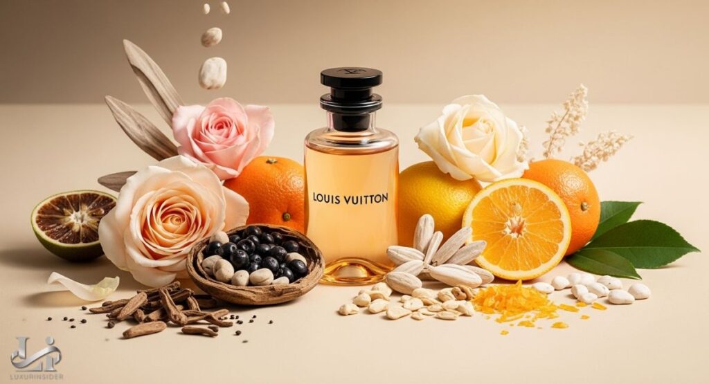 A bottle of Louis Vuitton perfume surrounded by fresh ingredients including white and pink roses, slices of oranges, dried florals, citrus peels, and various seeds and spices in a detailed still life arrangement.